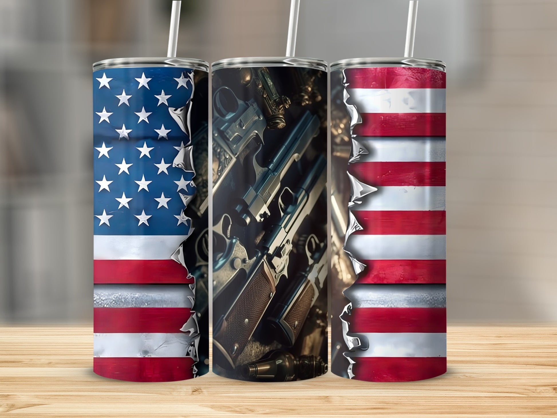 USA flag and gun tumbler designs on wooden surface.