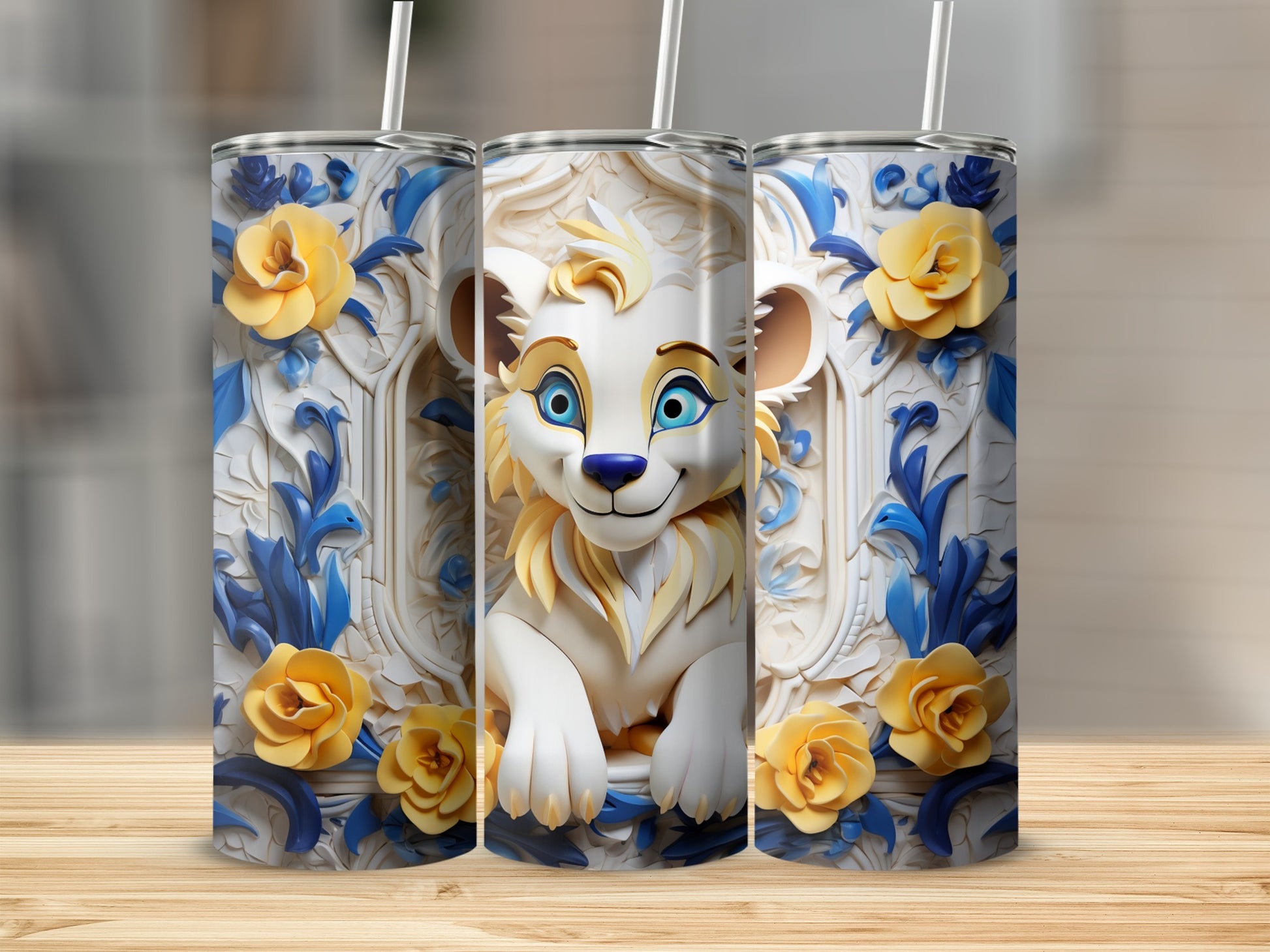 Cute Cartoon Lion with Floral Design Tumbler