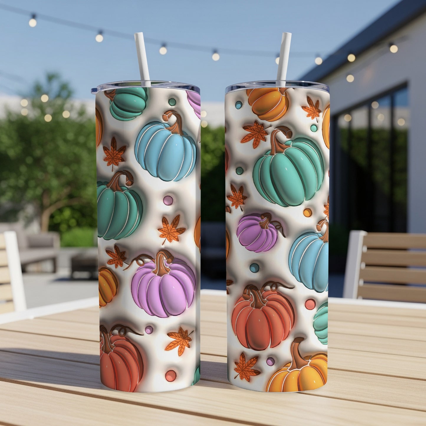 Two tumblers with pumpkins and fall leaves pattern on an outdoor table.