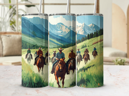 Three tumblers with a mountain landscape and cowboys riding horses.