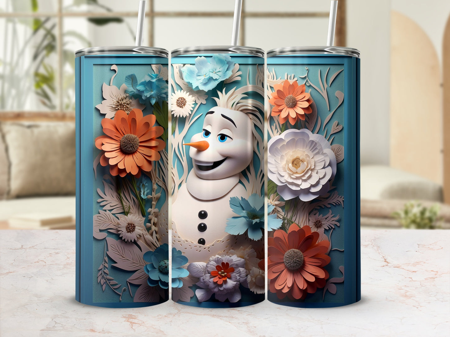 Cheerful Snowman and Floral Design Tumbler Cup