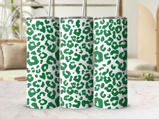Green leopard print tumblers with white straws.