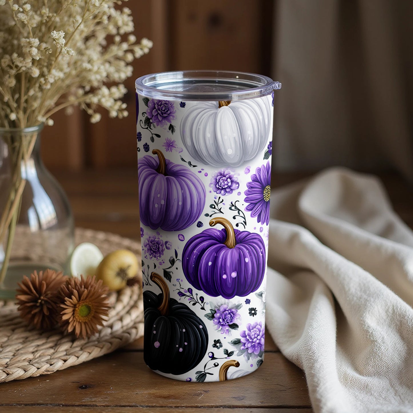 Floral Purple and Black Pumpkins Themed Tumbler