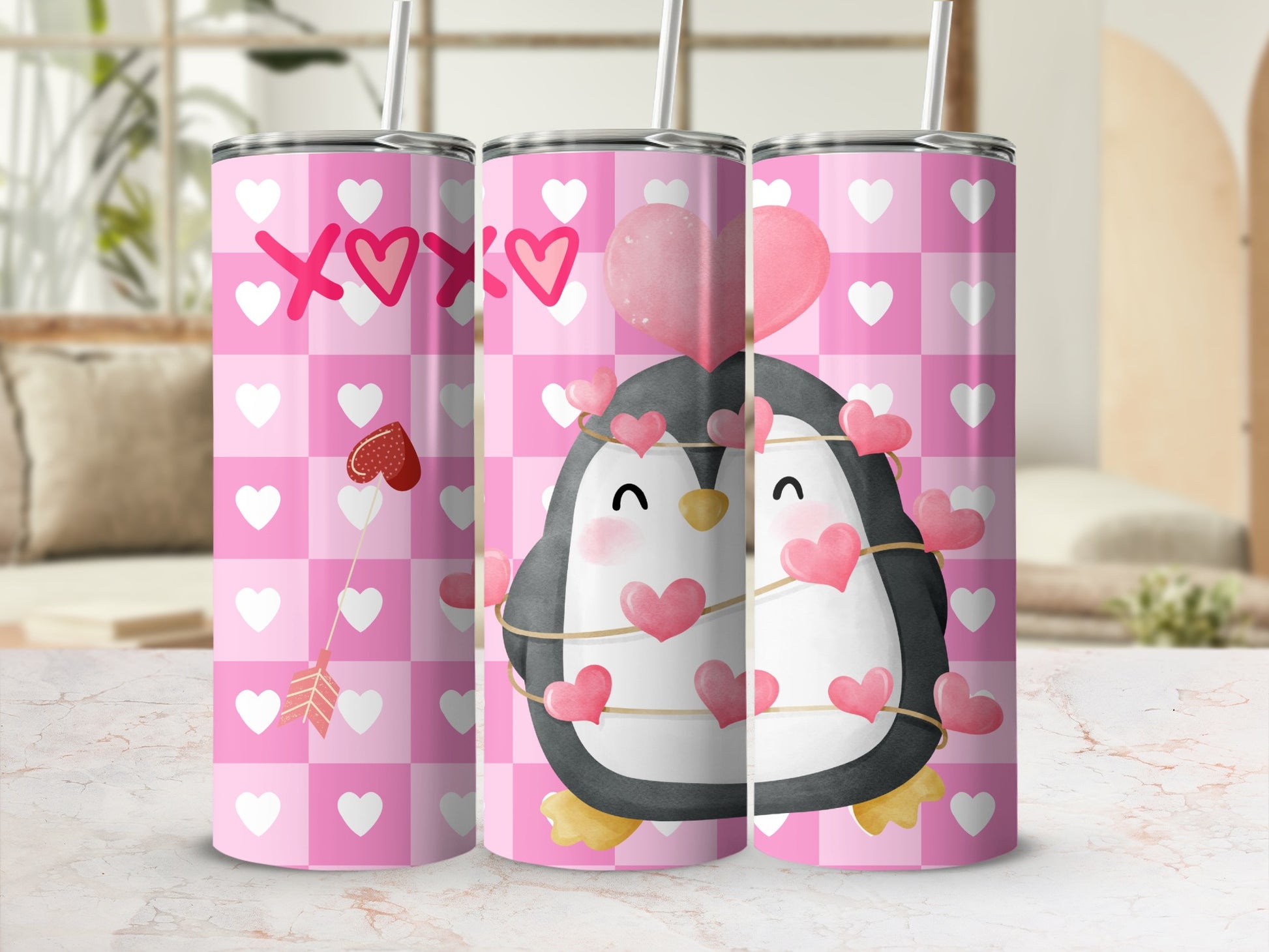 Cute Pink Plaid Penguin Valentines Day Tumbler Design
