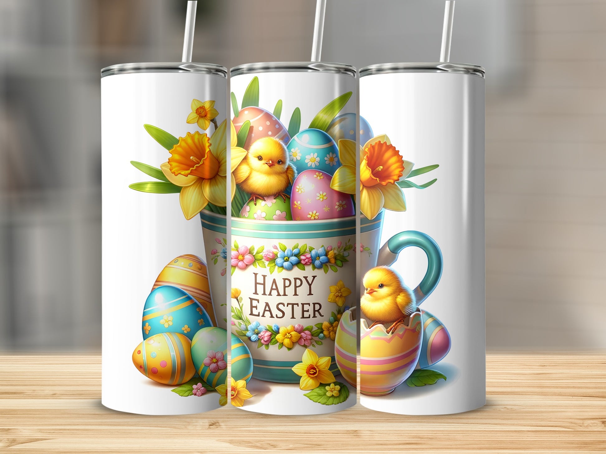Happy Easter tumbler with chicks and colorful eggs in a floral arrangement.