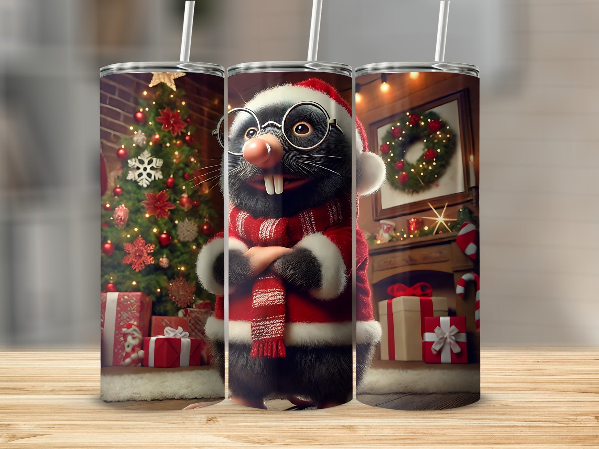 Christmas cartoon hamster in Santa hat on tumbler with holiday background.