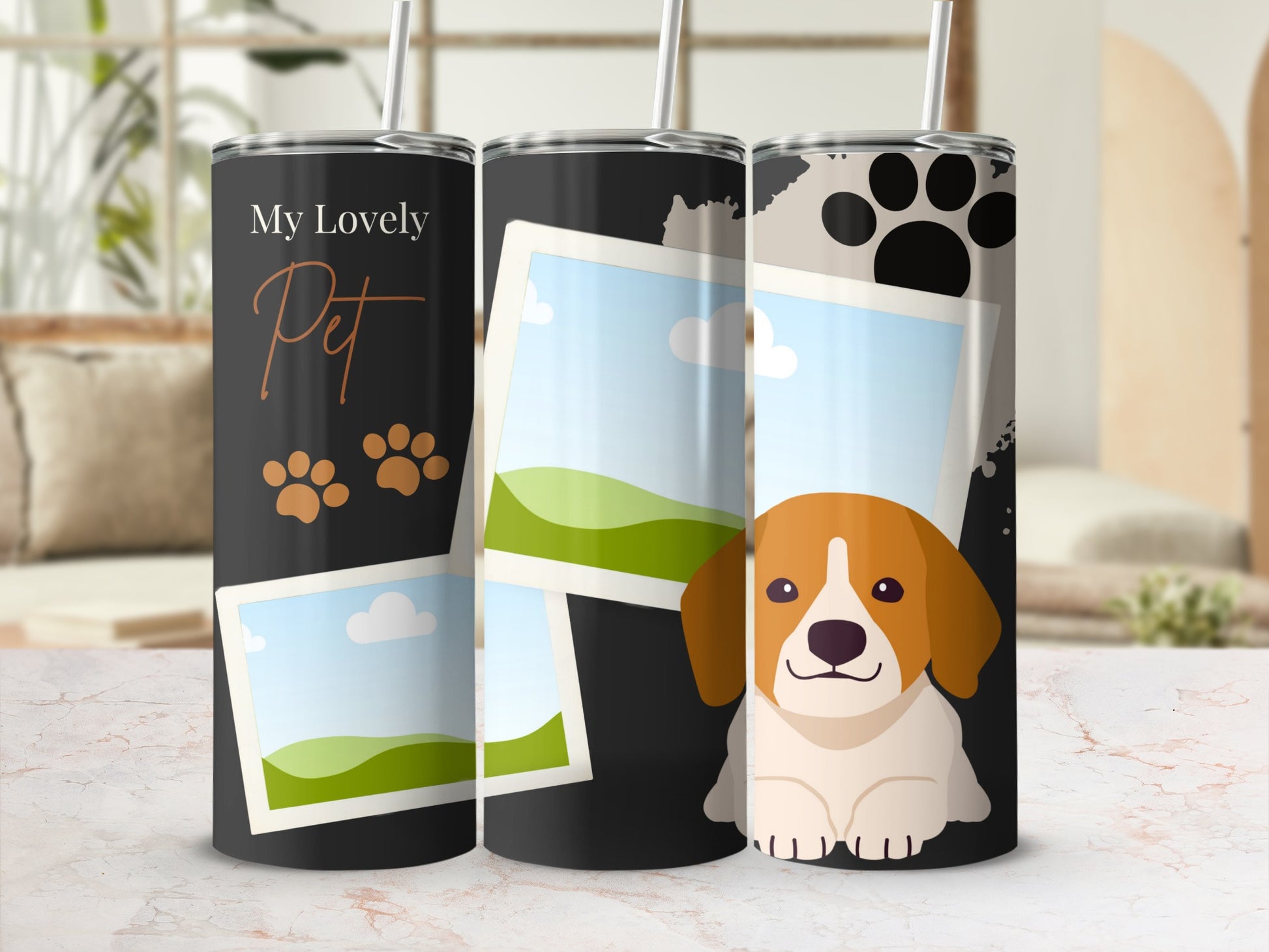 Three tumblers featuring a beagle dog, paw prints, and photo frames.