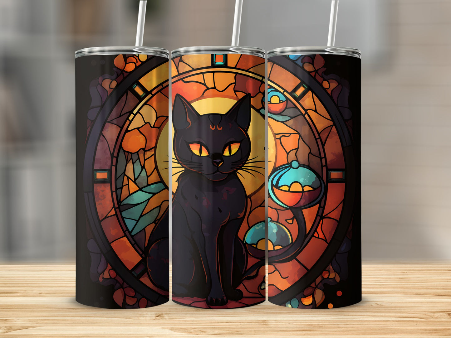 Black cat with yellow eyes in a stained-glass window design.