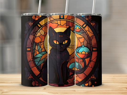Black cat with yellow eyes in a stained-glass window design.