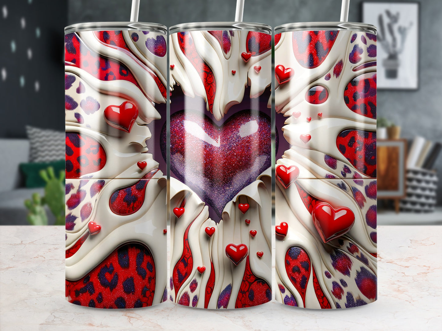 Heart Surrounded With Leopard Valentine's Day! Hearts With Cream Red Design Valentine's Day Tumblers