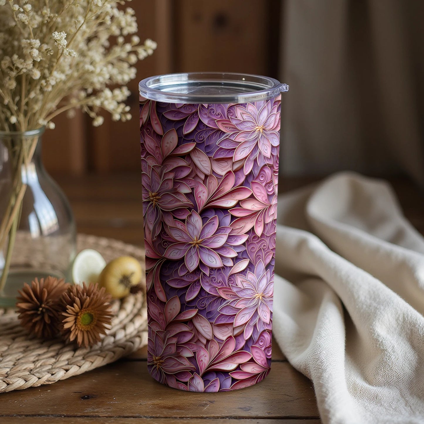 Floral Embossed Tumbler with Purple and Pink Petals Design