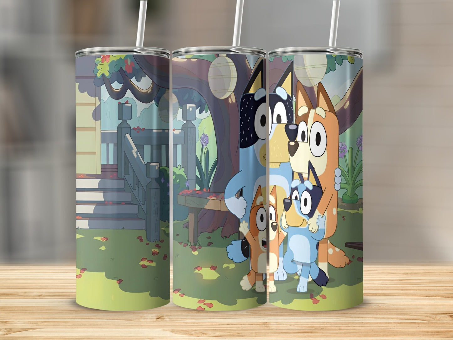 Bluey and Bingo characters from the show with Bandit and Chilli.