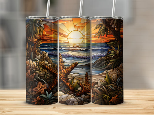 Three tumblers with sunset beach scene, featuring palm trees and starfish.