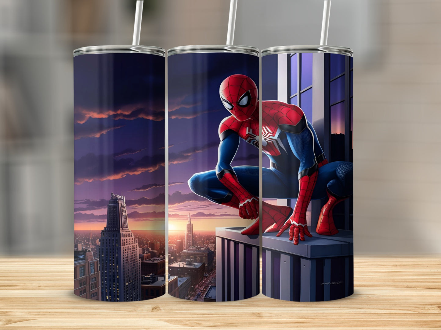 Spiderman crouching on a skyscraper ledge at sunset.