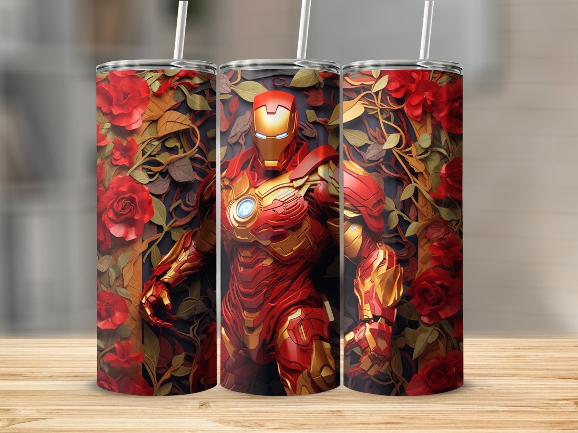 Superhero Themed Tumbler with Roses and Armor Design