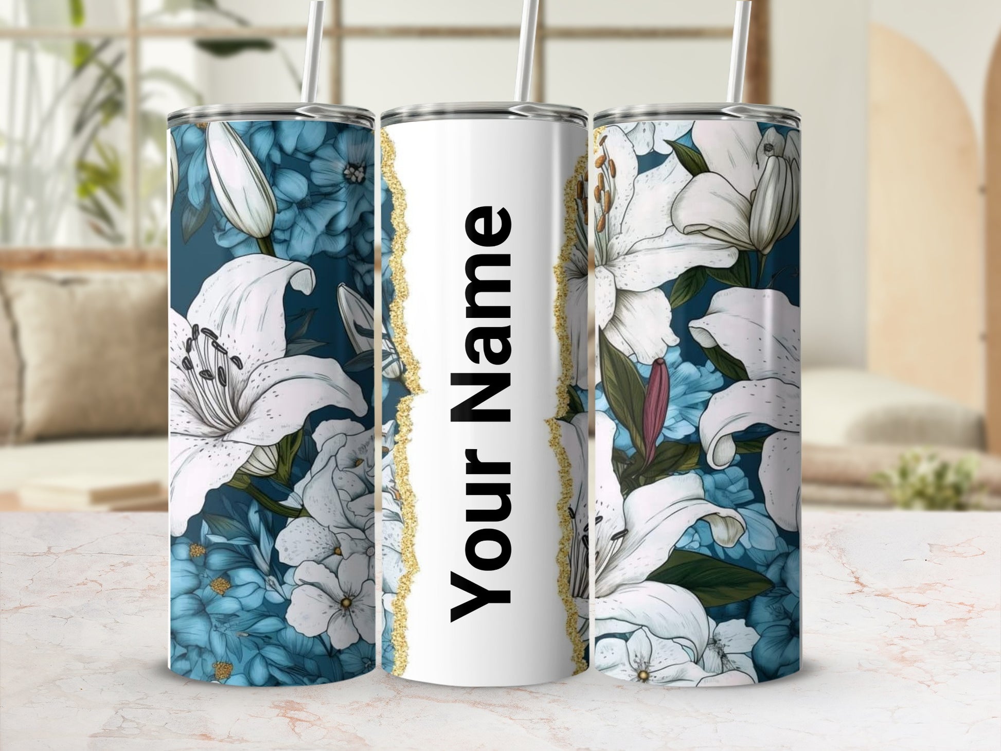 Customizable Floral Design Tumbler with Straw