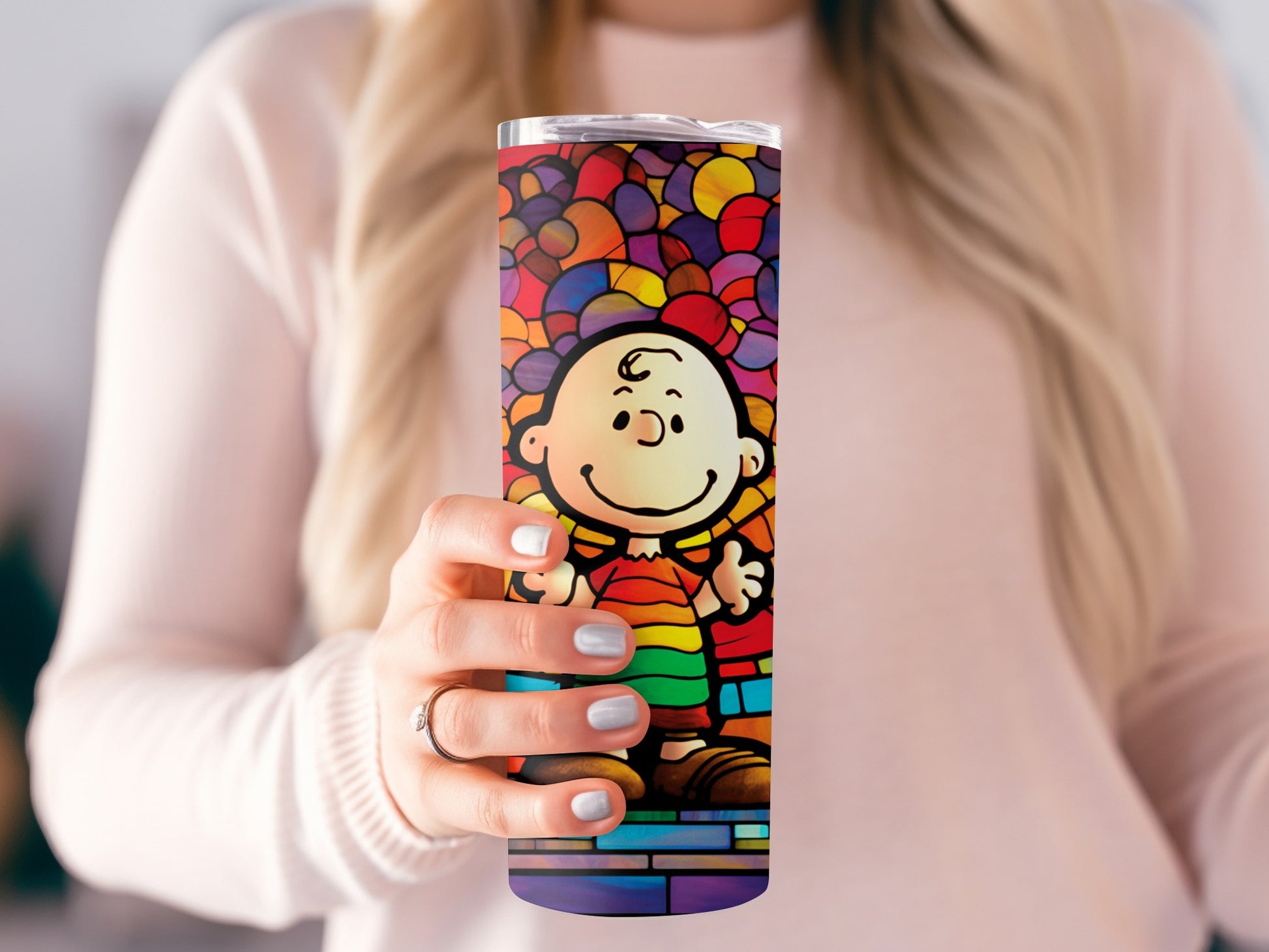Vibrant Cartoon Character Stained Glass Tumbler Design