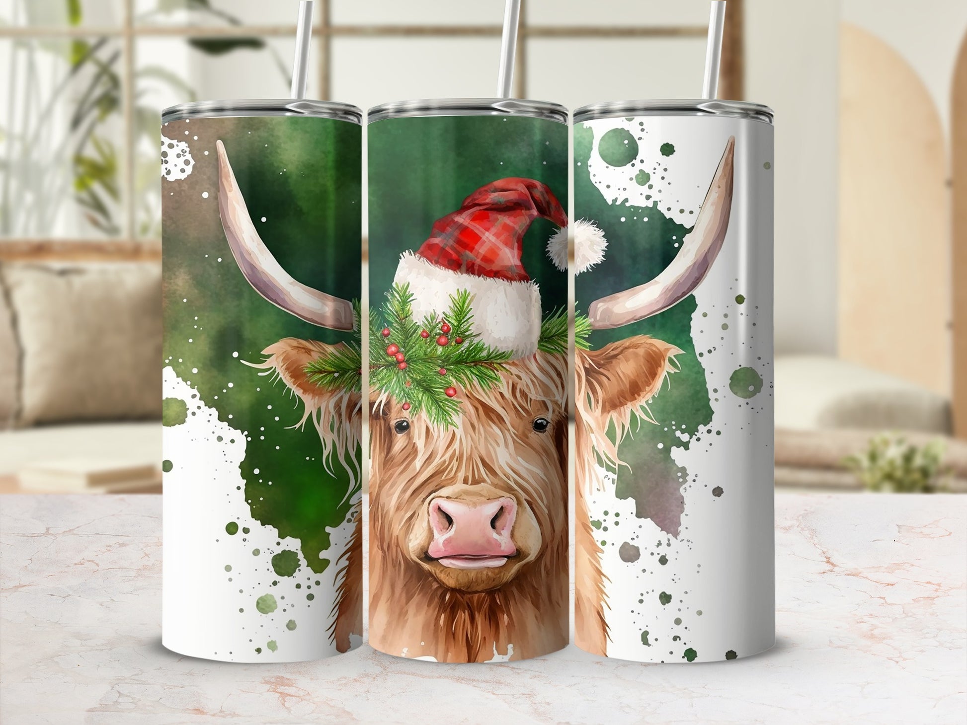 Highland cow with Santa hat and holly on tumbler.