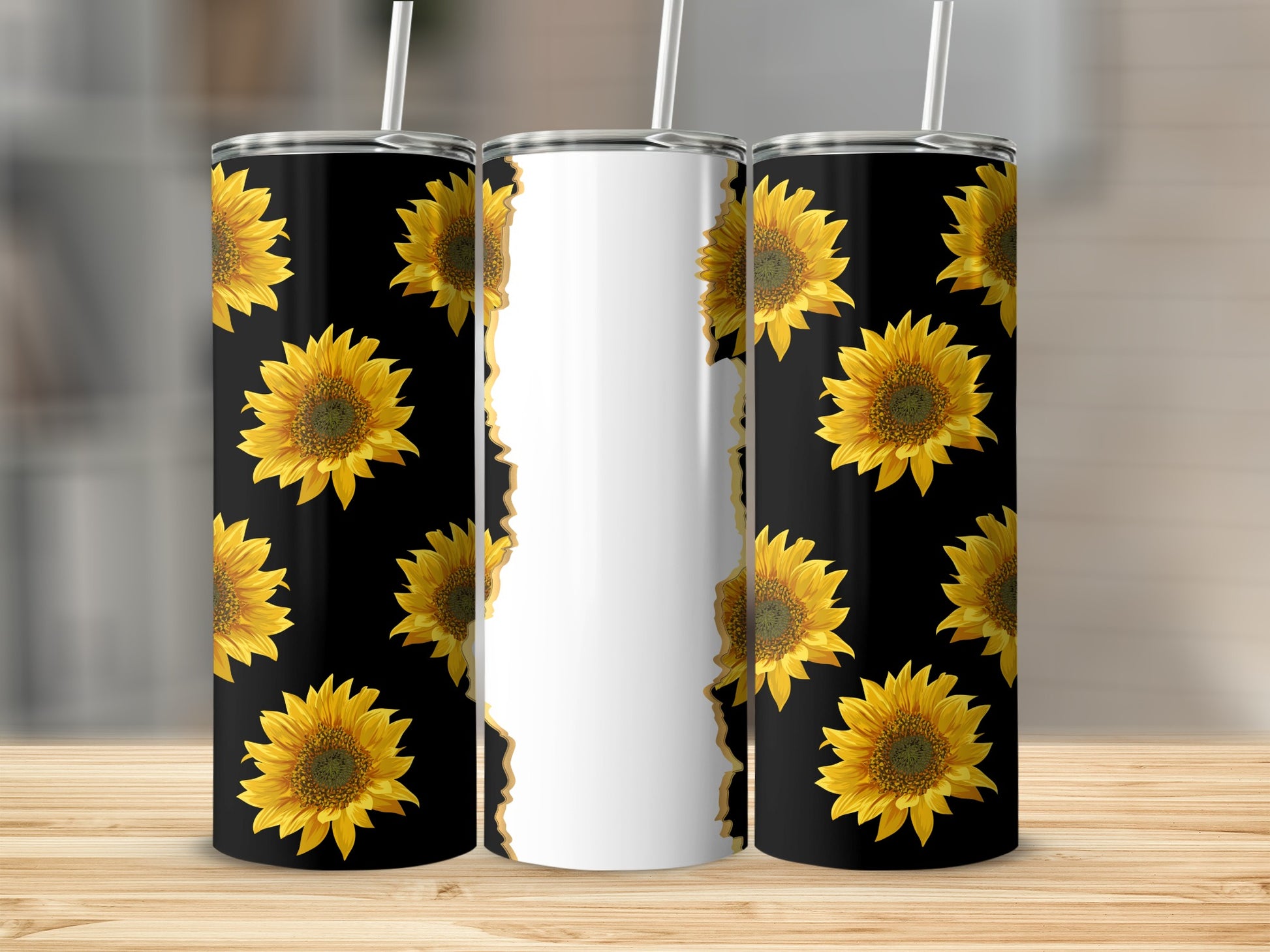 Black tumbler with repeating sunflower pattern and white silhouette.