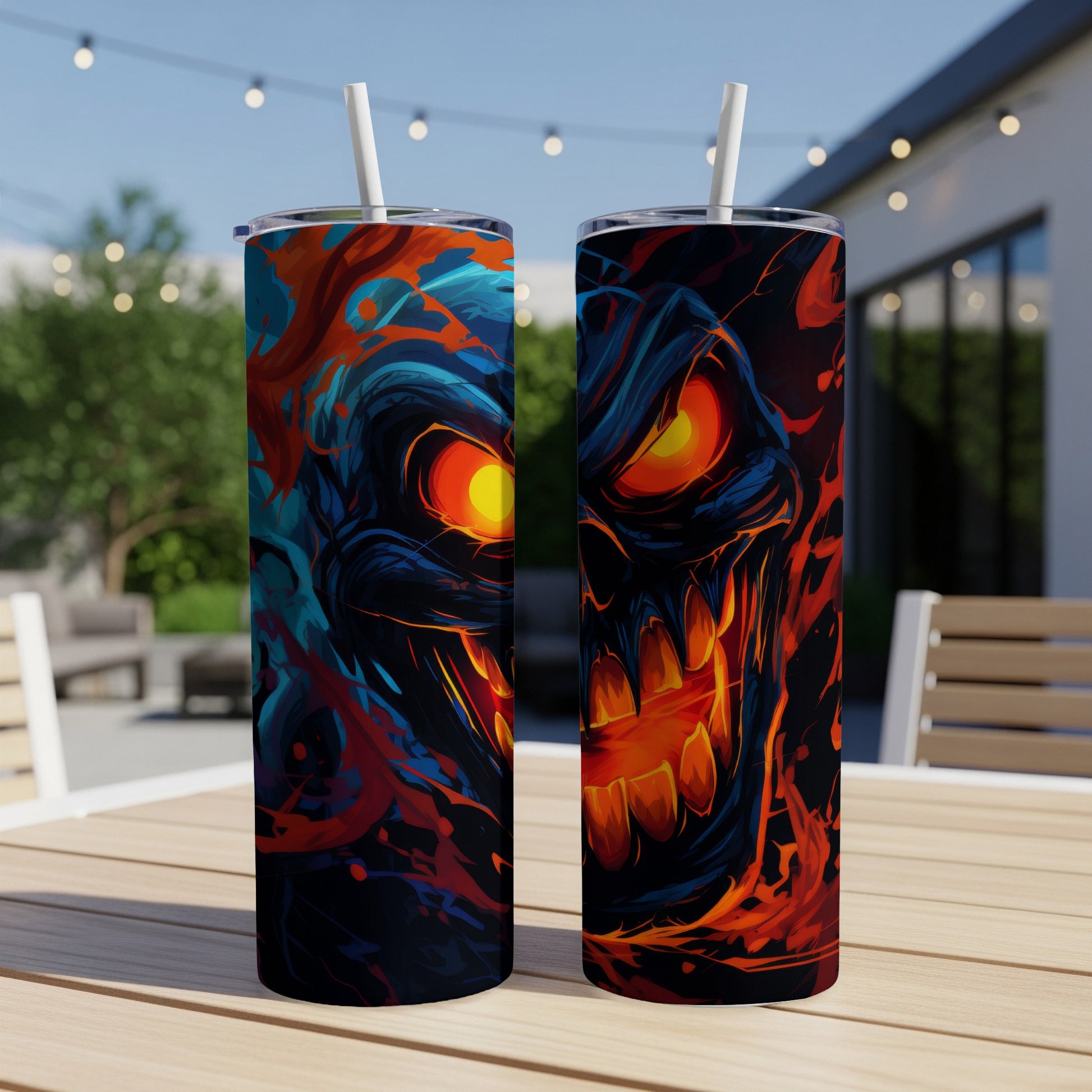 Two tumblers featuring a fiery, glowing skull design with blue and orange abstract elements.