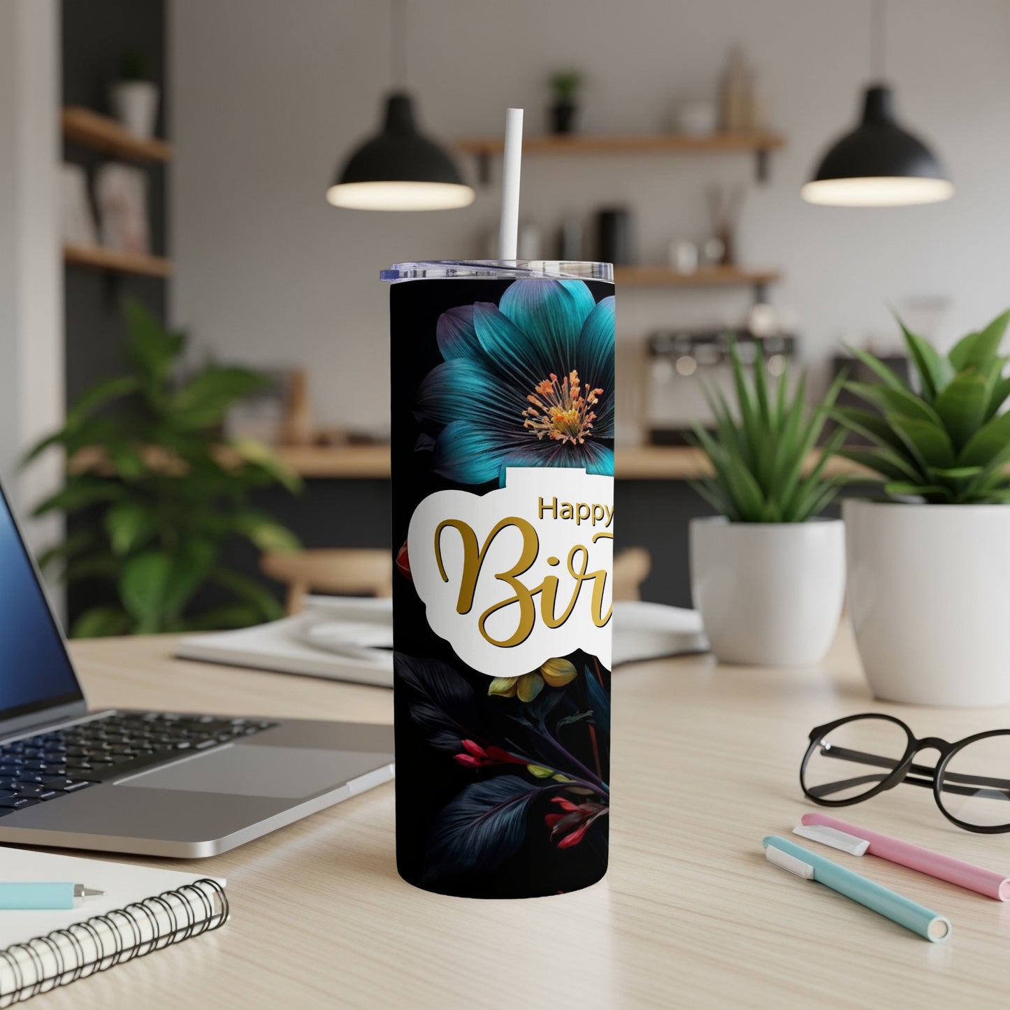 Tall tumbler with floral pattern and "Happy Birthday" text.
