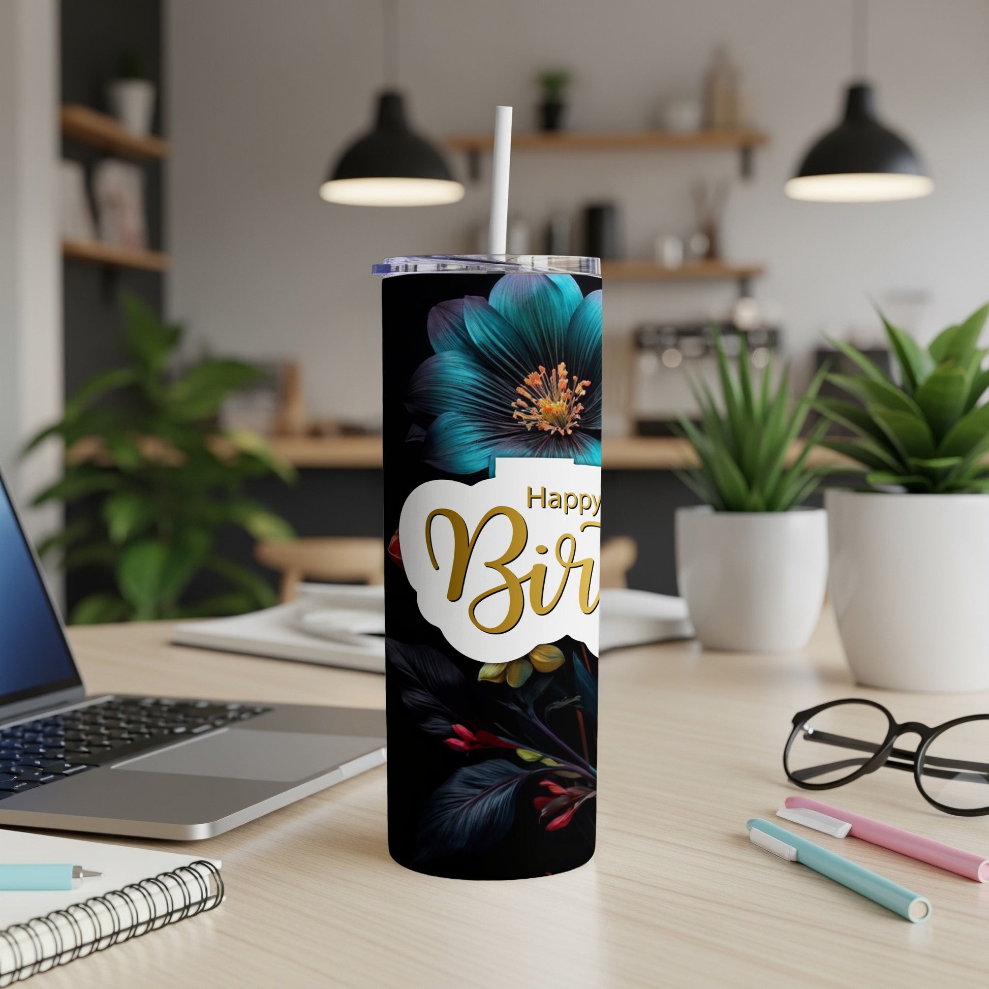 Tall tumbler with floral pattern and "Happy Birthday" text.