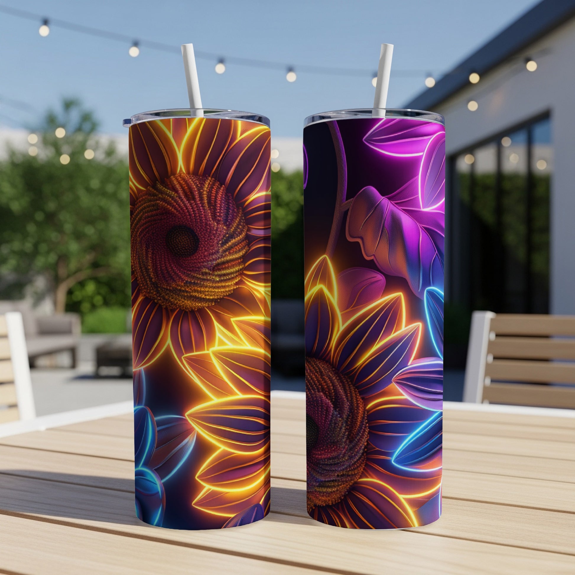 Two neon sunflowers on tumblers with straws, outdoors on a table.