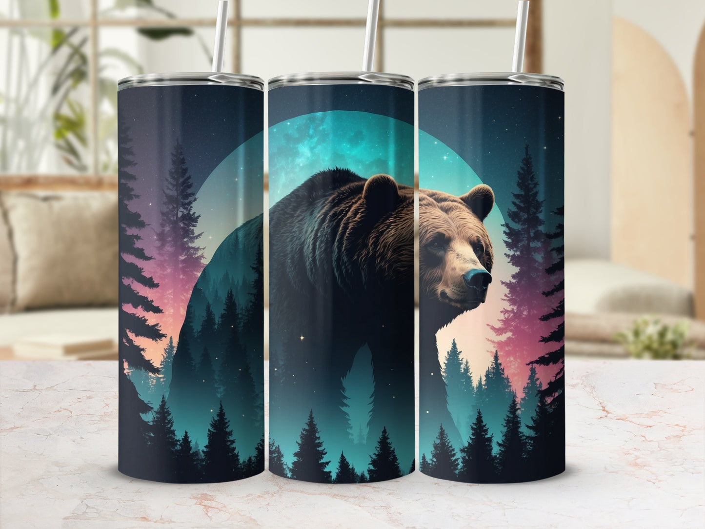 Triptych of tumblers featuring a bear silhouette against a starry night sky forest.
