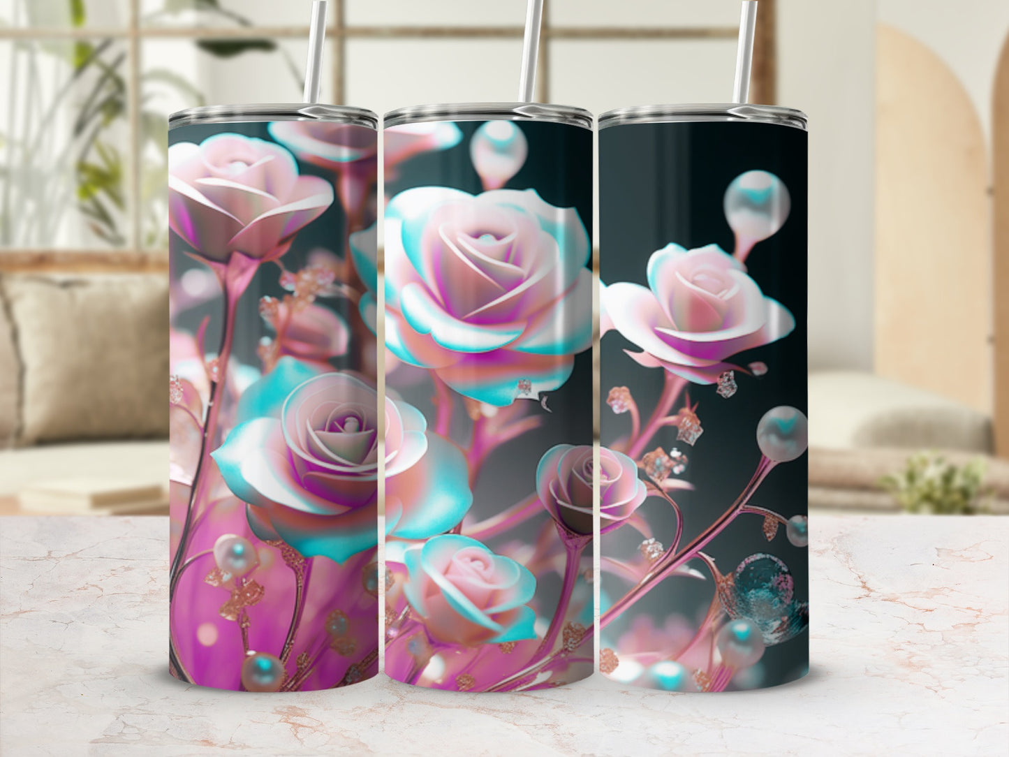 Three tumblers with a floral design of pink and blue roses and glitter.
