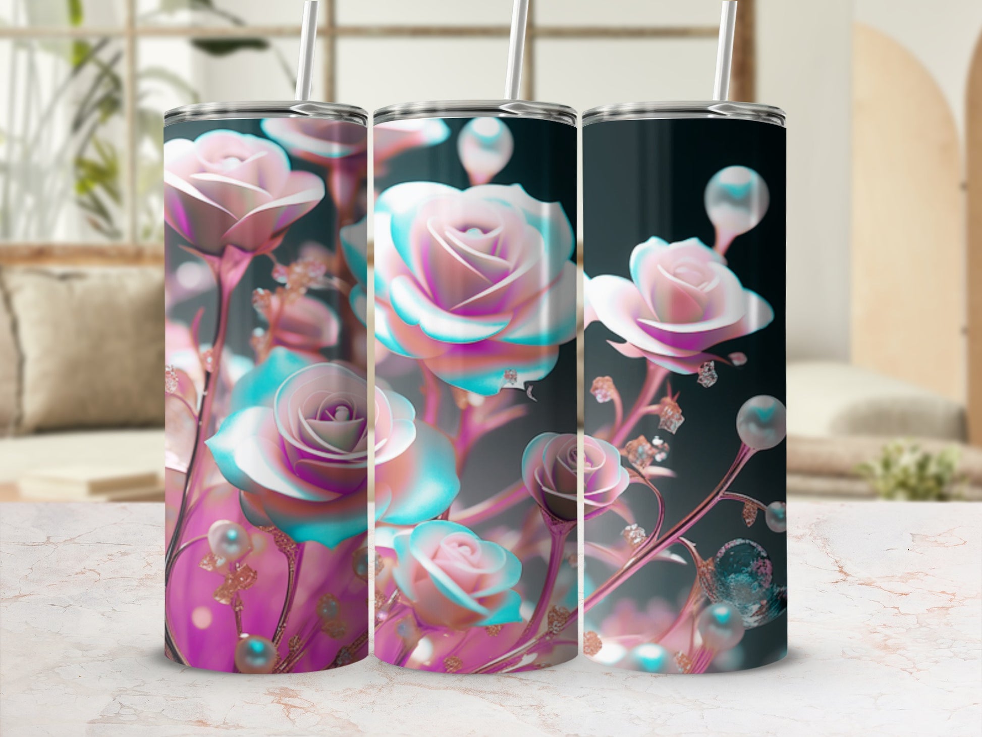 Three tumblers with a floral design of pink and blue roses and glitter.