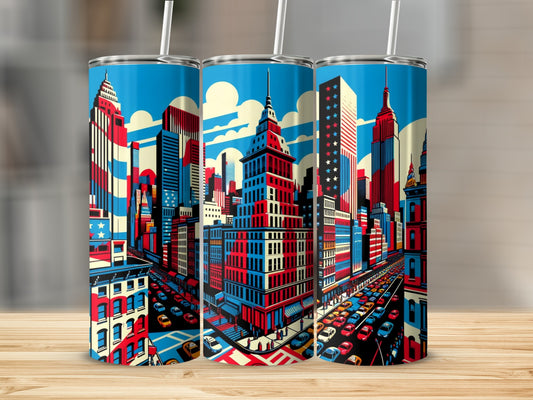 New York City skyline with American flag colors on tumblers.