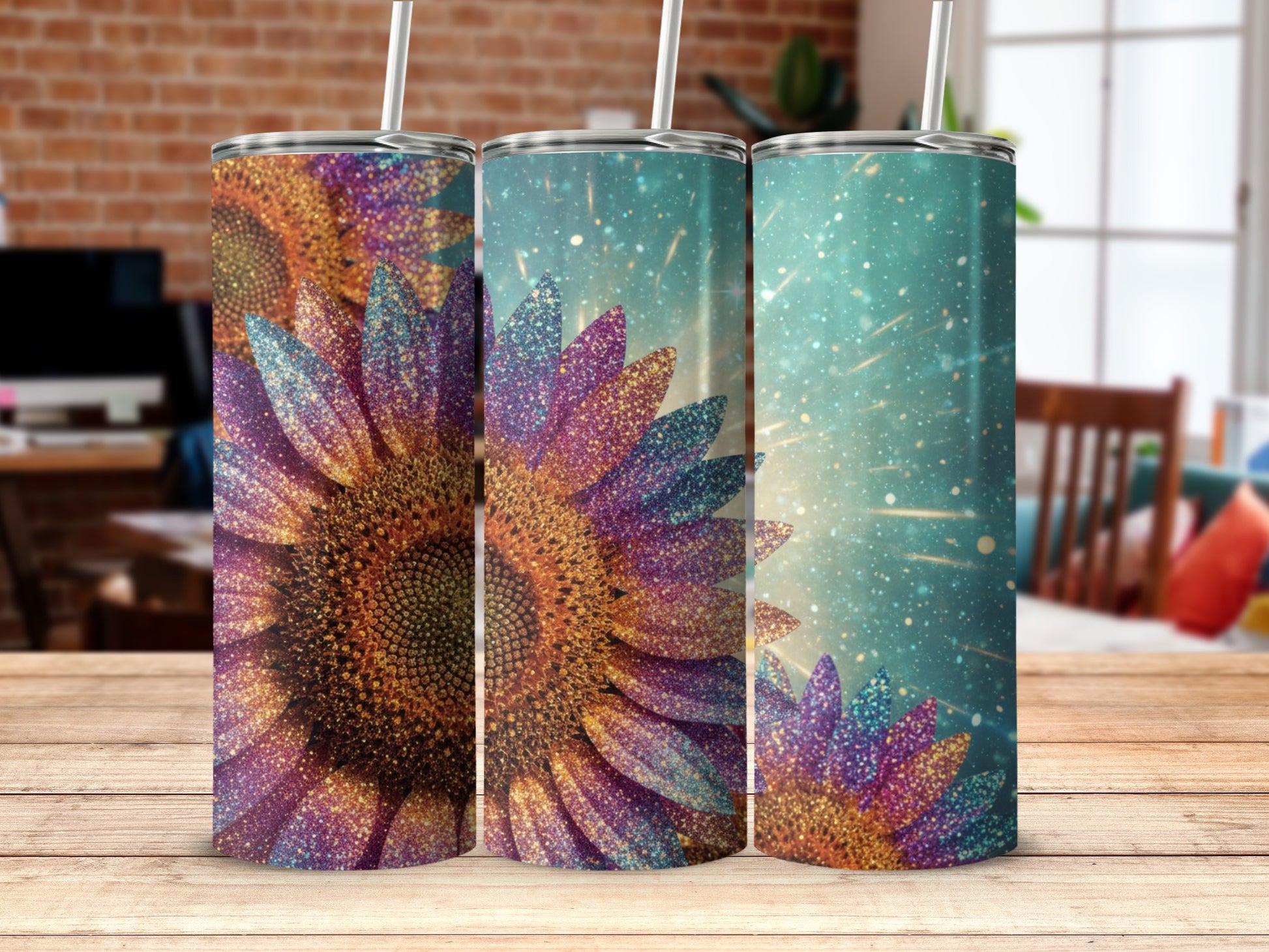 Sparkling Sunflower Galaxy Design Personalized Tumblers