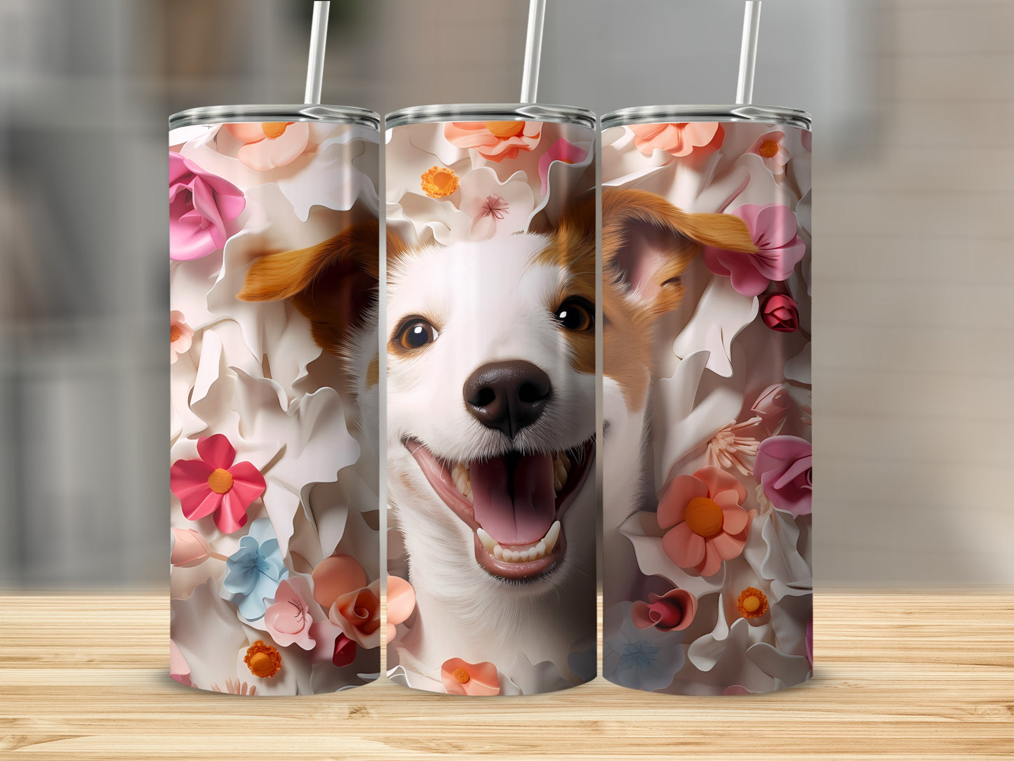Happy Dog Paper Flowers Design Tumbler product type