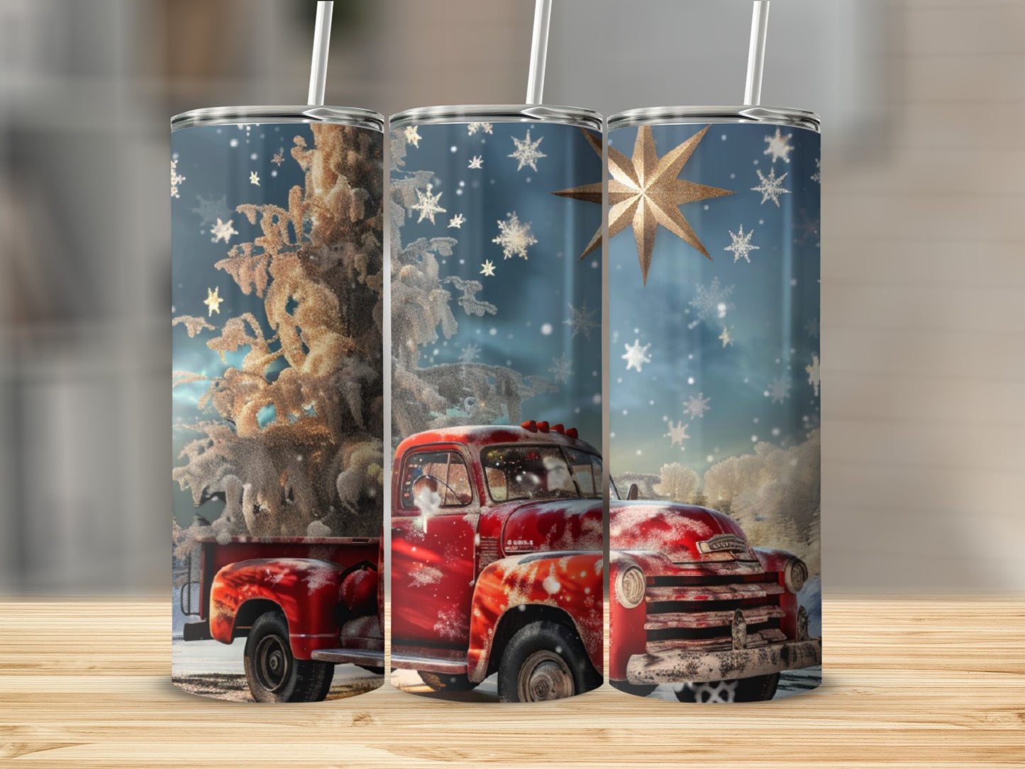 Red vintage truck with snow-covered Christmas tree and stars.