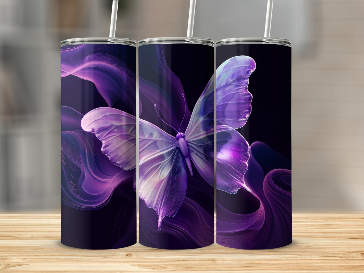 Triptych of tumblers featuring a glowing purple butterfly and abstract smoky effects.