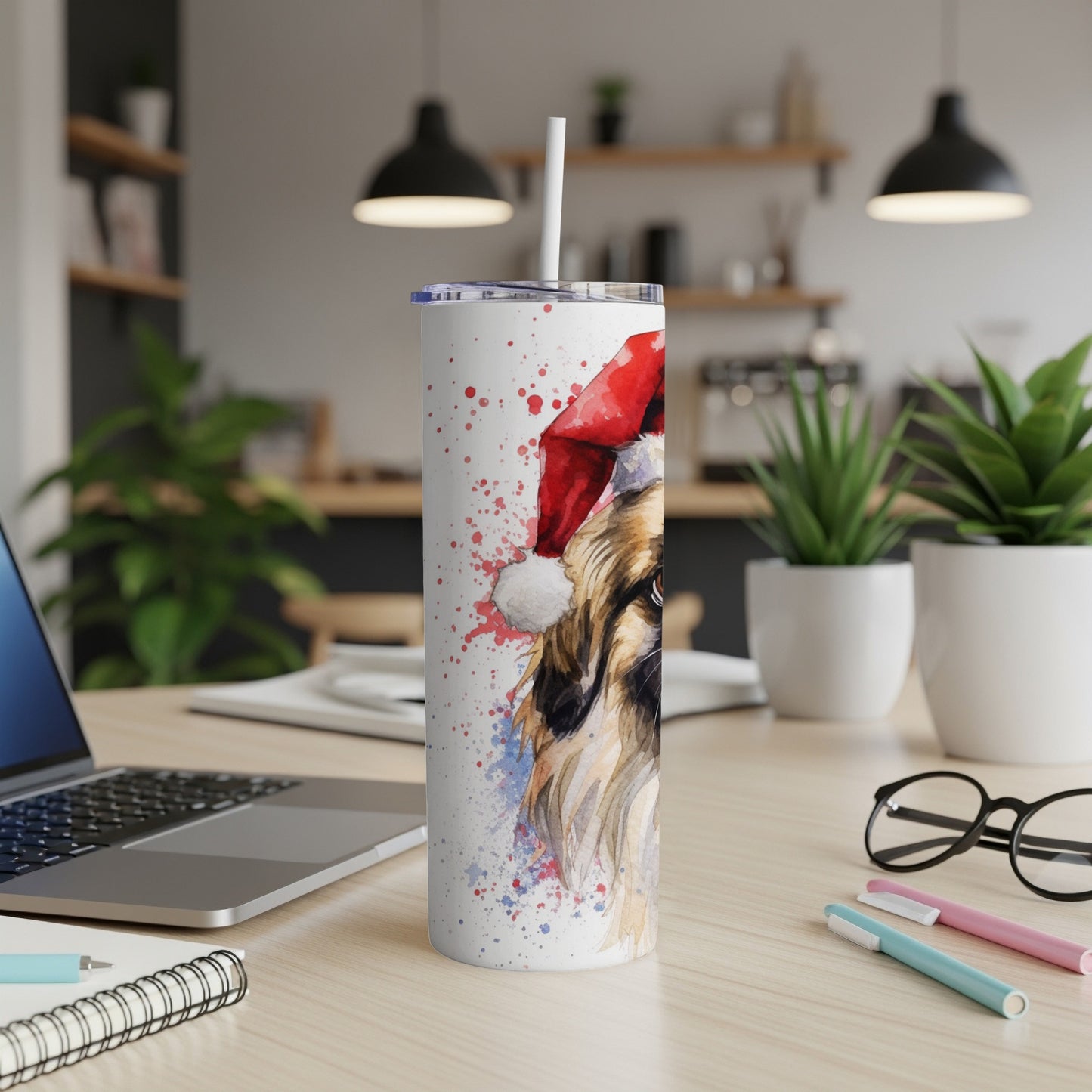 Watercolor painting of a dog wearing a Santa hat on a tumbler.