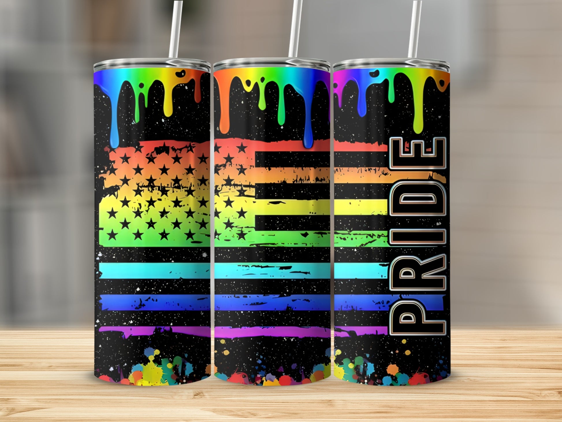 Rainbow pride flag tumbler with dripping paint and stars.