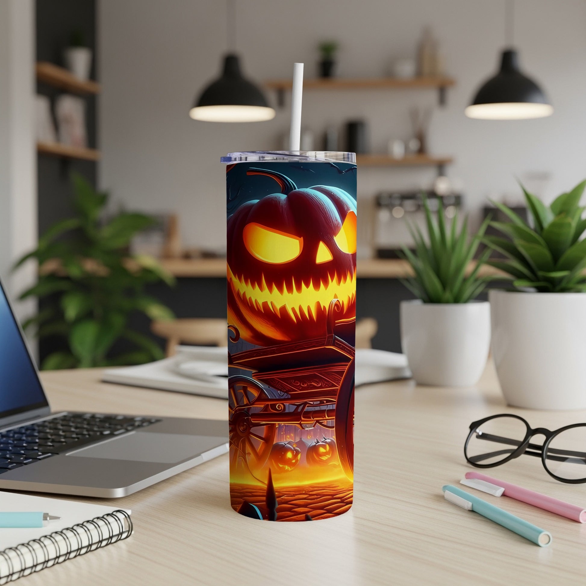 Tumbler with a spooky jack-o'-lantern in a spooky scene with a horse-drawn carriage.