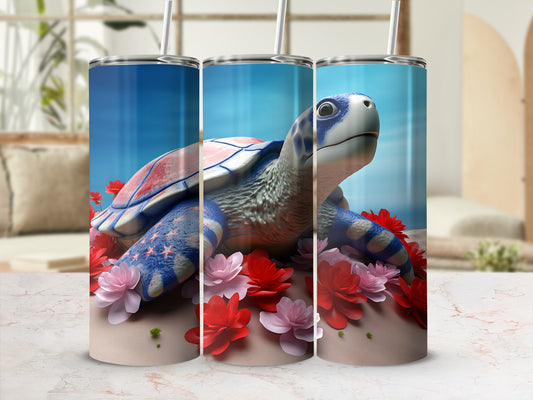 Turtle tumbler with red, white, and blue stars, surrounded by pink and red flowers.