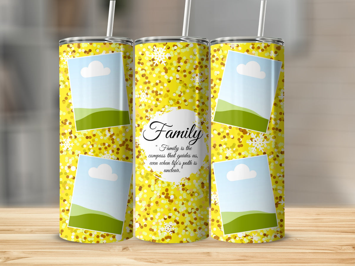 Three tumblers with a yellow glitter design, snowflakes, and placeholder photos.