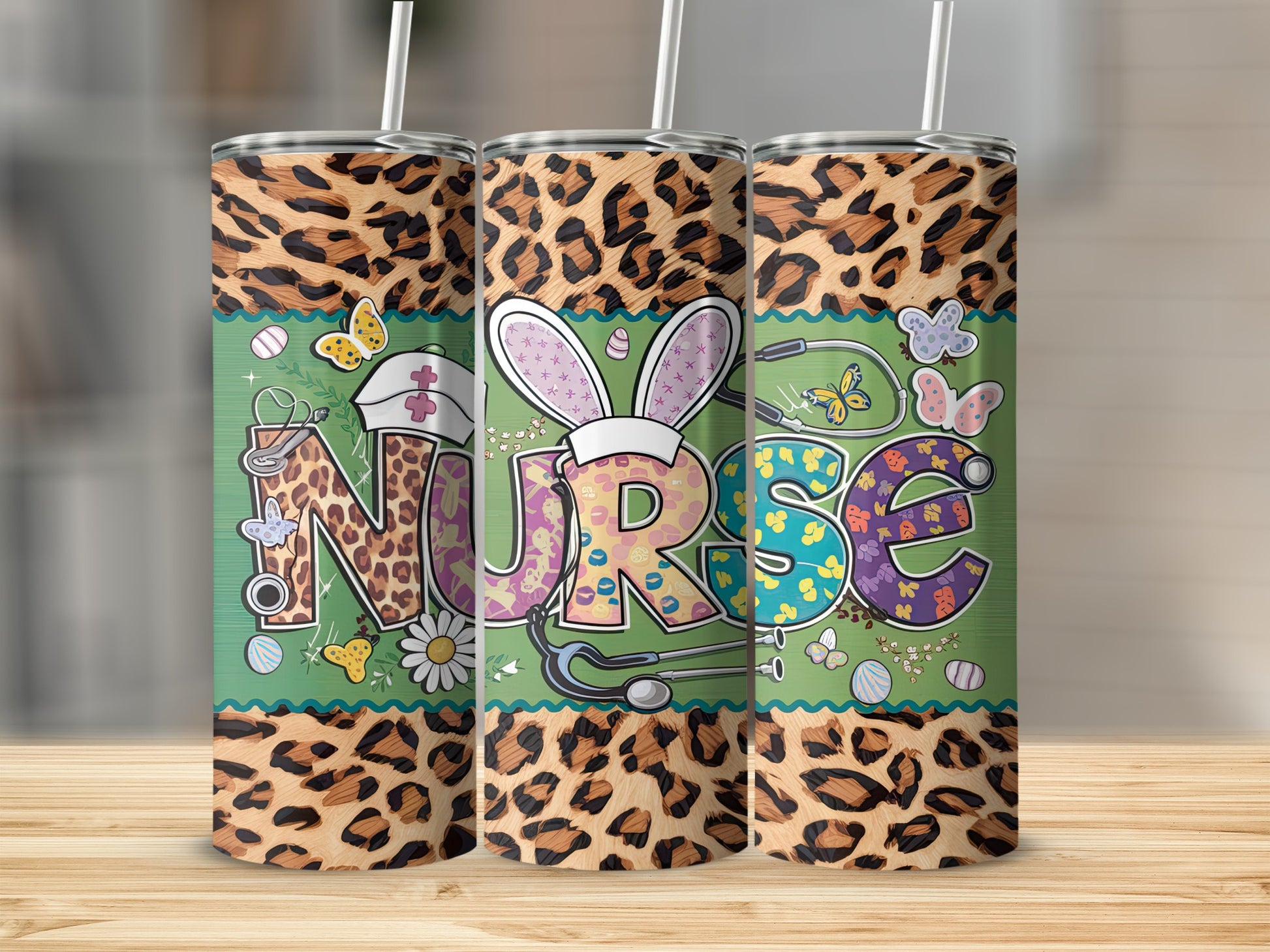 Nurse tumbler with bunny ears, stethoscope, and colorful butterflies.