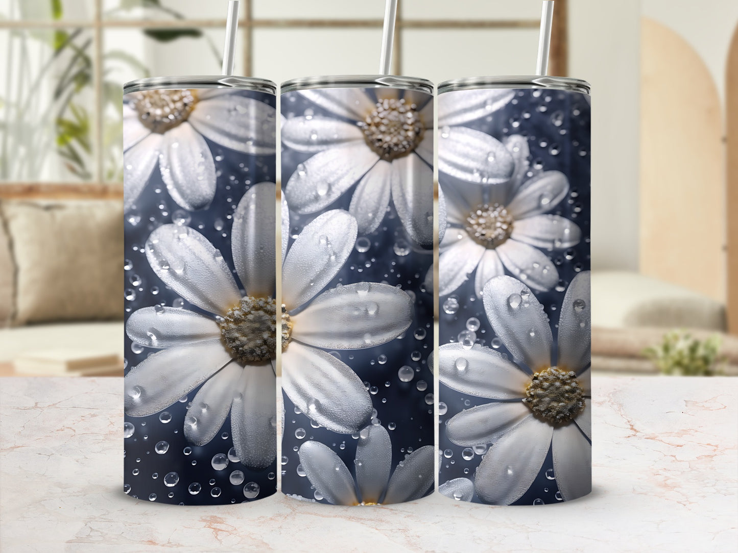 Three tumblers with white daisies and water droplets on a navy background.