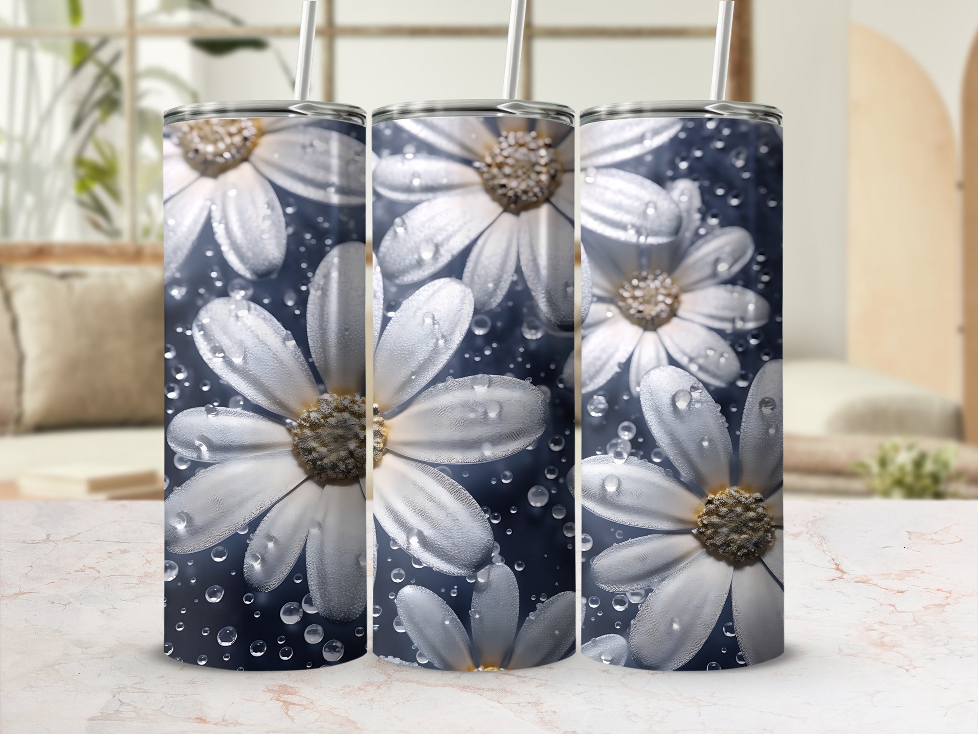 Three tumblers with white daisies and water droplets on a navy background.