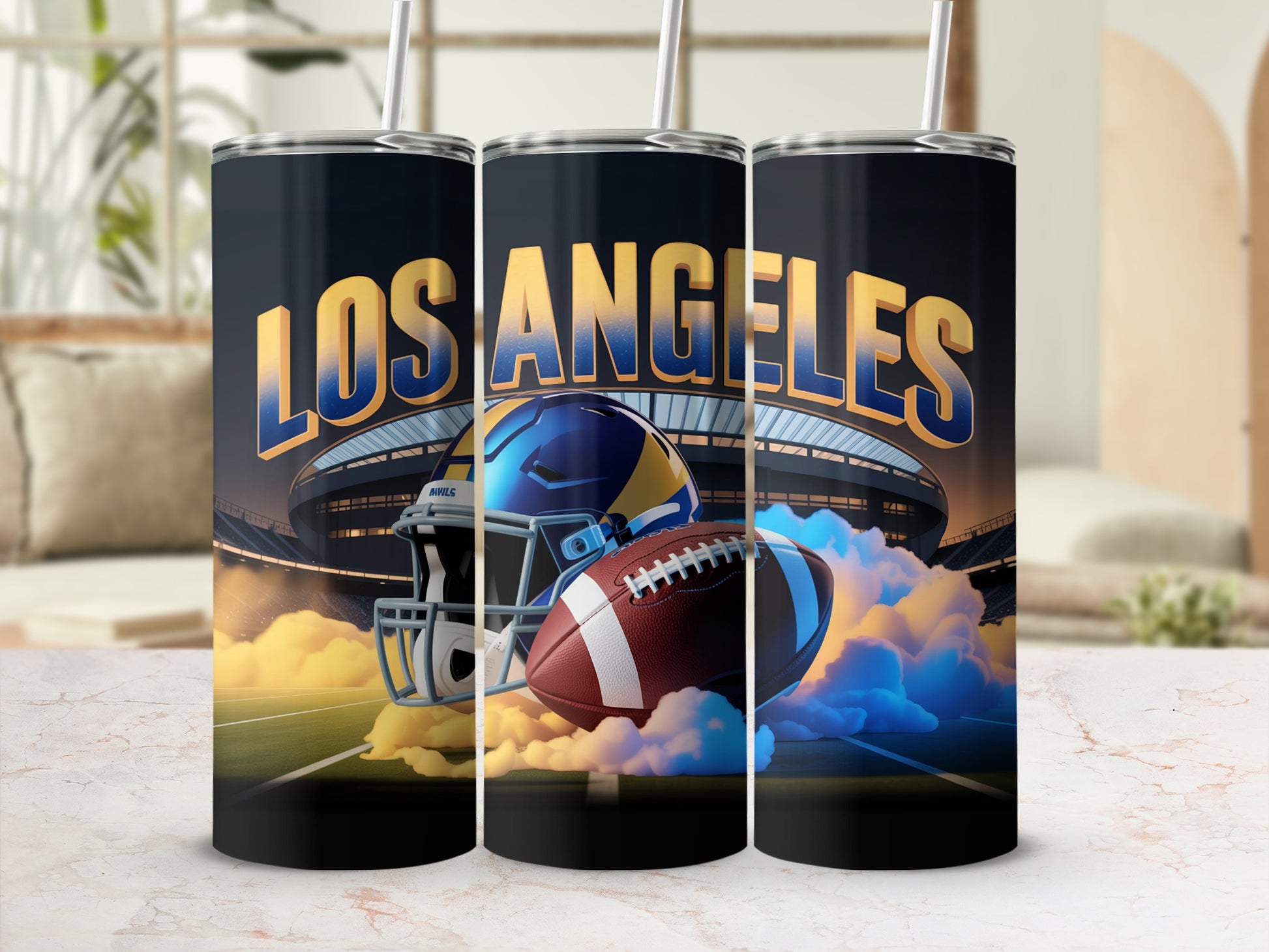 Los Angeles Rams football helmet and ball on stadium background.