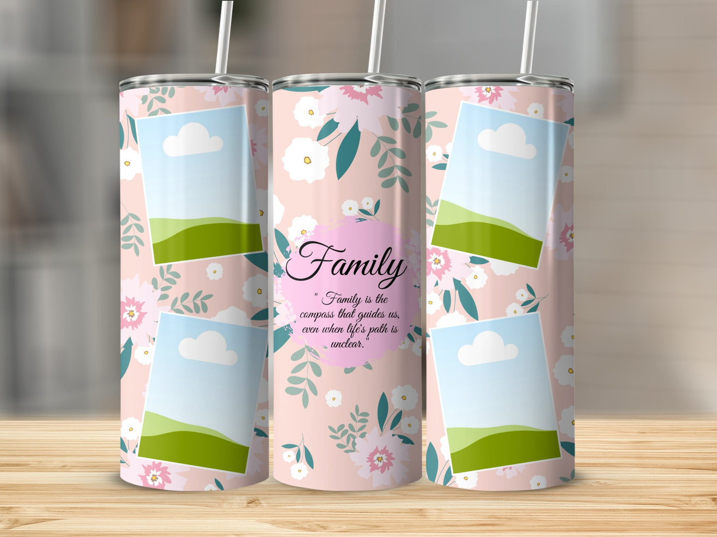 Pink floral tumbler with "Family" quote and picture frames.