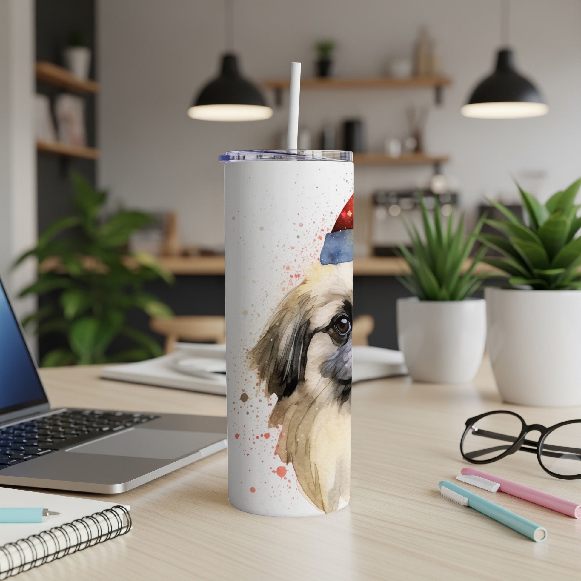 Watercolor dog wearing a Santa hat on a white tumbler.