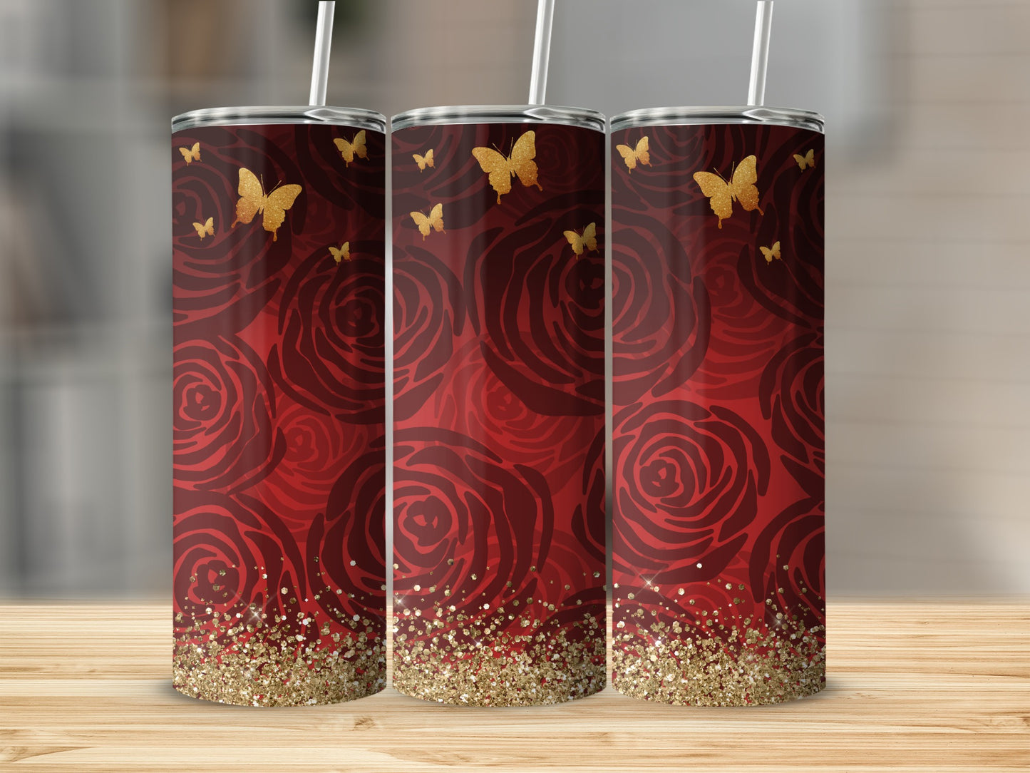 Vibrant Red Roses and Golden Butterflies Tumbler