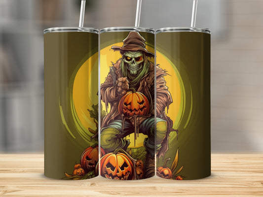Scarecrow holding a pumpkin with jack-o'-lanterns and yellow background.