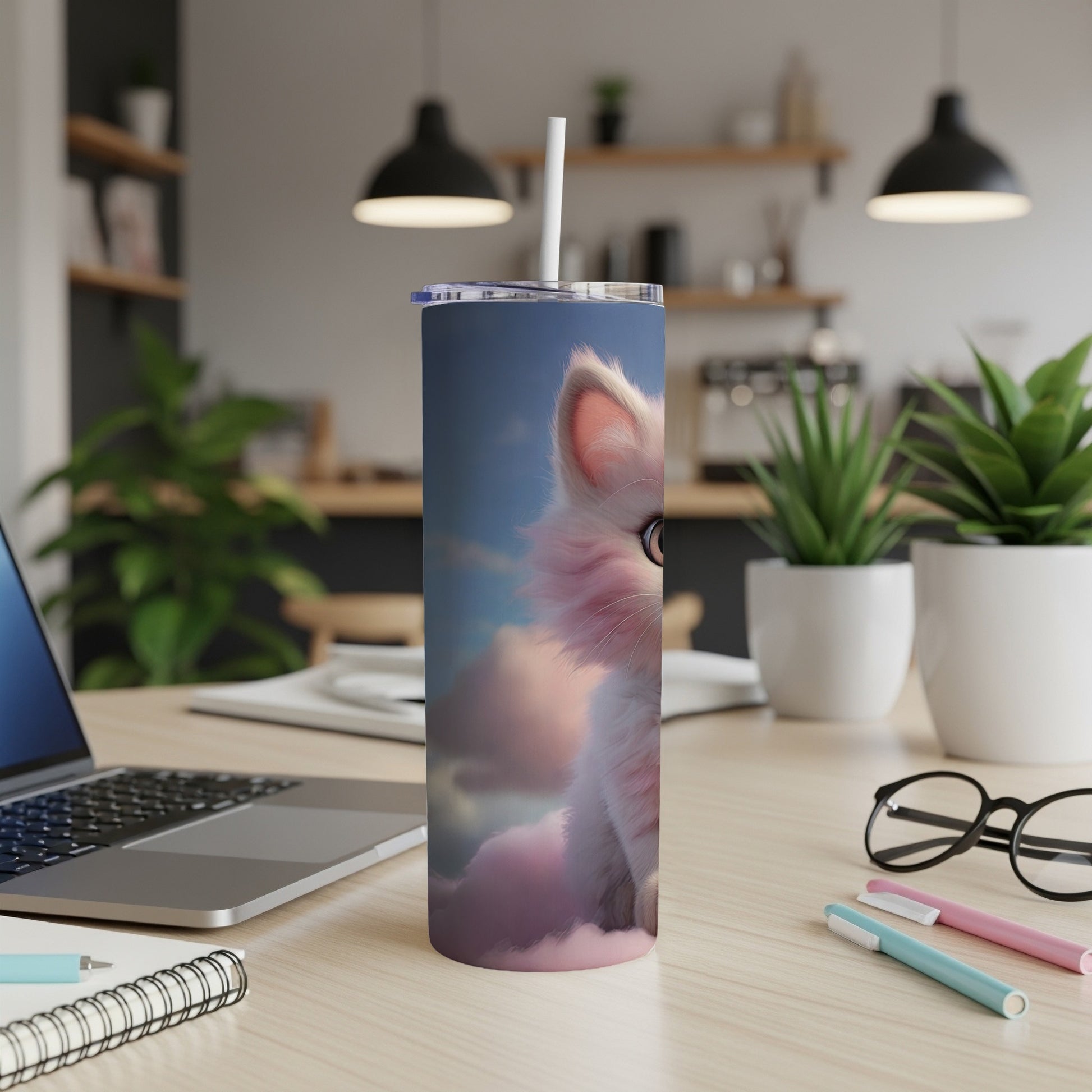 White kitten with pink ears and eyes on a sky and cloud background, featured on a tumbler.