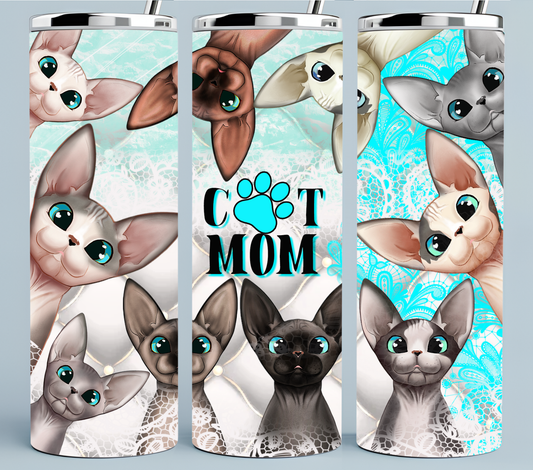 Brightly colored turquoise Cat Mom tumbler